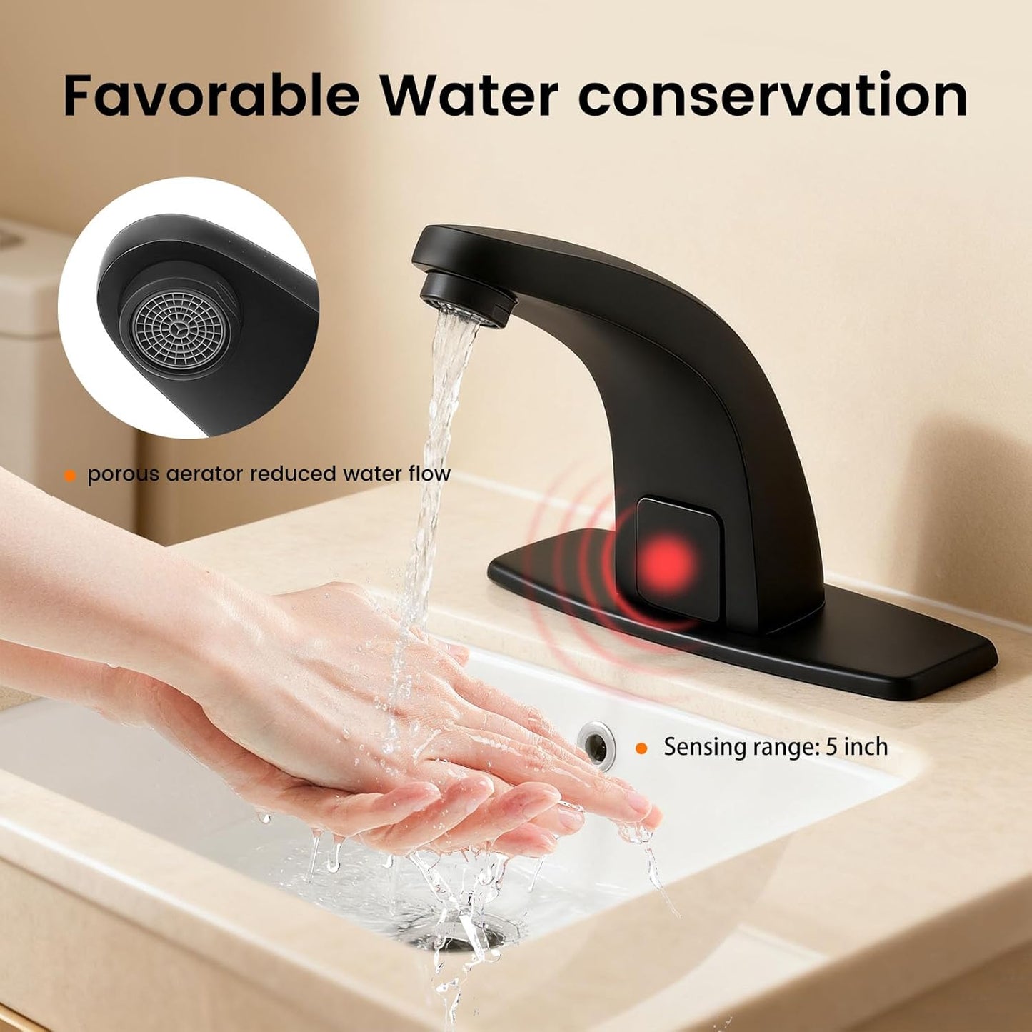 Touchless Bathroom Sink Faucet，Automatic Motion Sensor Faucets with 1 Hole Plate for Water Bath Commercial Lavatory Farmhouse, Black