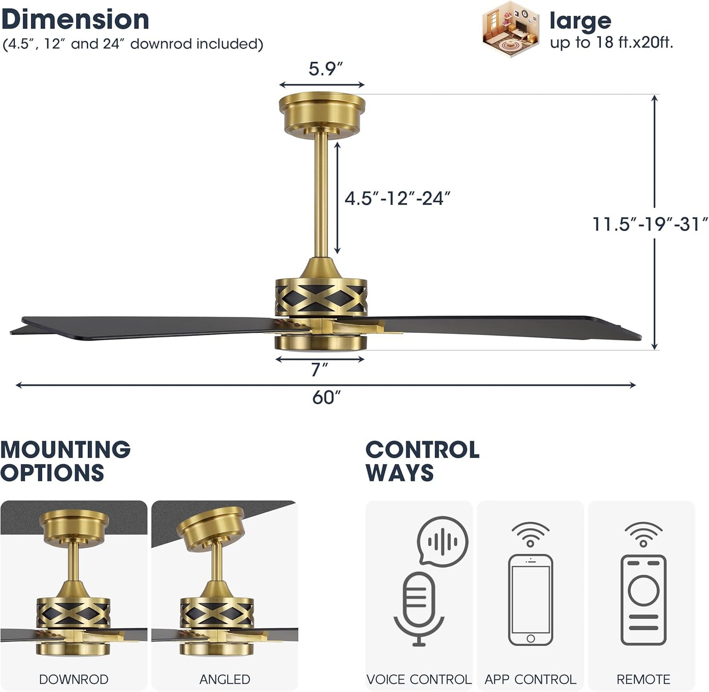 WINGBO 60" Smart Ceiling Fan with Lights and 3 Downrods, 5 Plywood Blades, 6 Speeds Reversible DC Motor, Works with Alexa and Google Assistant, 3CCT Dimmable LED Large Ceiling Fans, Brass and Black