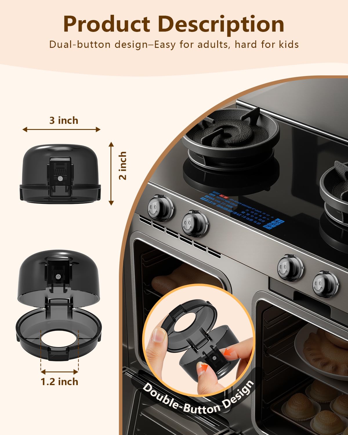 Stove Knob Safety Covers - 5 Pack Heat Resistant Oven Knob Covers for Child Safety with 3M Strong Adhesive, Gas Stove Knob Covers with Dual-Button Locks & Visual Design, Black