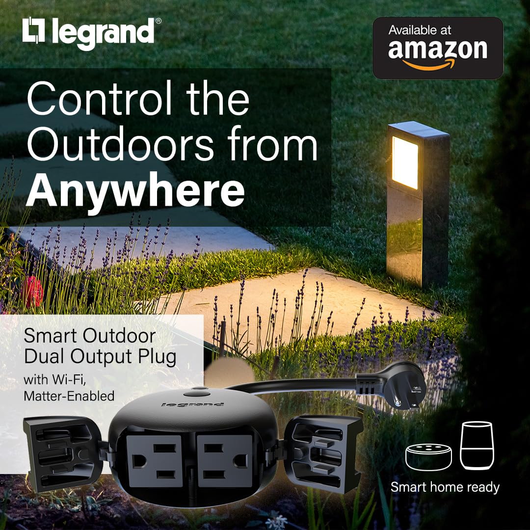 Legrand Wi-Fi Outdoor Dual Output Matter Smart Plug, Effortless Setup, Enhanced Compatibility with Apple HomeKit, Google Home, Alexa & SmartThings, Matter Smart Home, Pack of 1 WWMP31