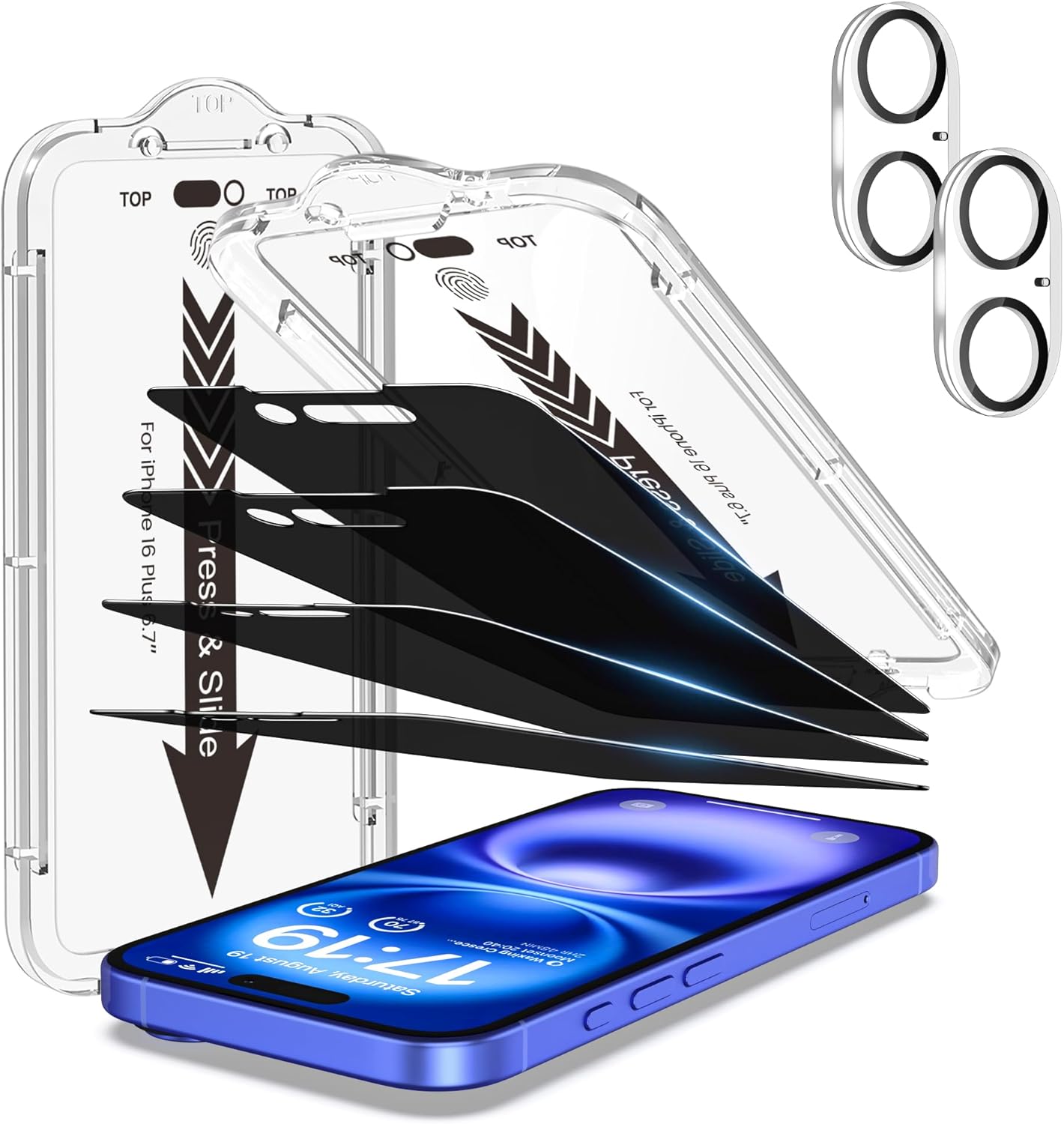 EZ-GLAZ- 4 Pack for iPhone 16 Plus Privacy Screen Protector [6.7"] With 2 Pack Camera Lens Protector, 9H+ Hardness 12FT Military Grade Shatterproof Durable Tempered Glass Film with Flawless Fit Kit