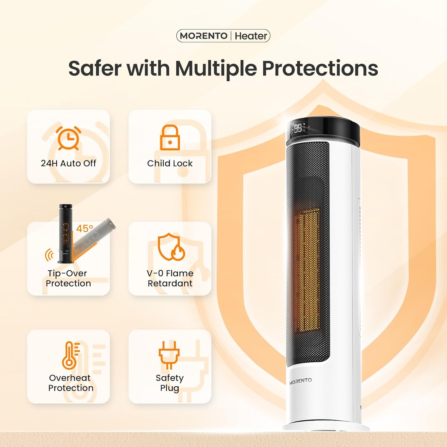 MORENTO Space Heater for Indoor Use, 1500W Ceramic Fast Heat, Electric Space Heater for Large Room with Remote, Thermostat, Digital Display, 5 Modes, 12H Timer, 70° Oscillation, 23dB White 1 Pack