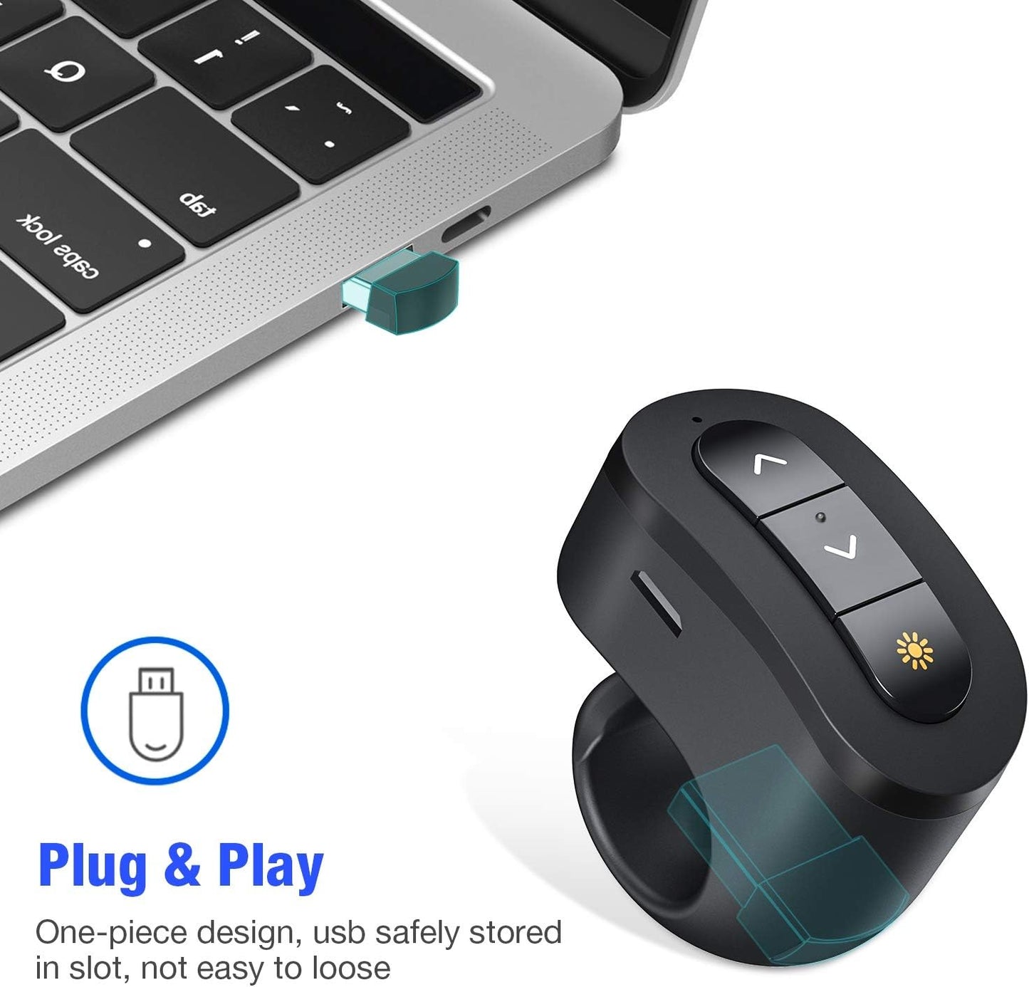 Rechargeable Finger Ring Wireless Presenter Clicker for PowerPoint, Keynote, Mac, Laptop - USB Presentation Remote with 2.4GHz RF