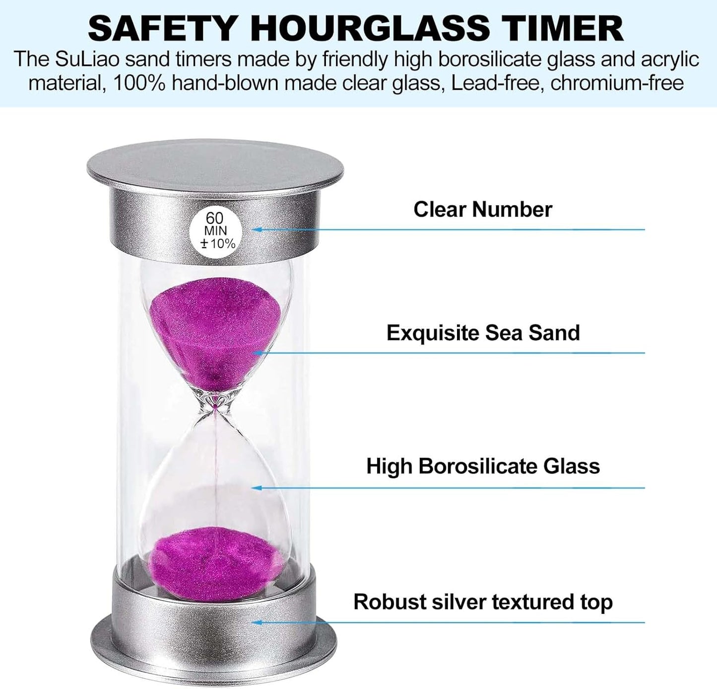 SuLiao Sand Timer, 60 Min Hourglass, Large Purple Sand Clock, Unbreakable Plastic for Kids, Games, Classroom, Kitchen, Decoration