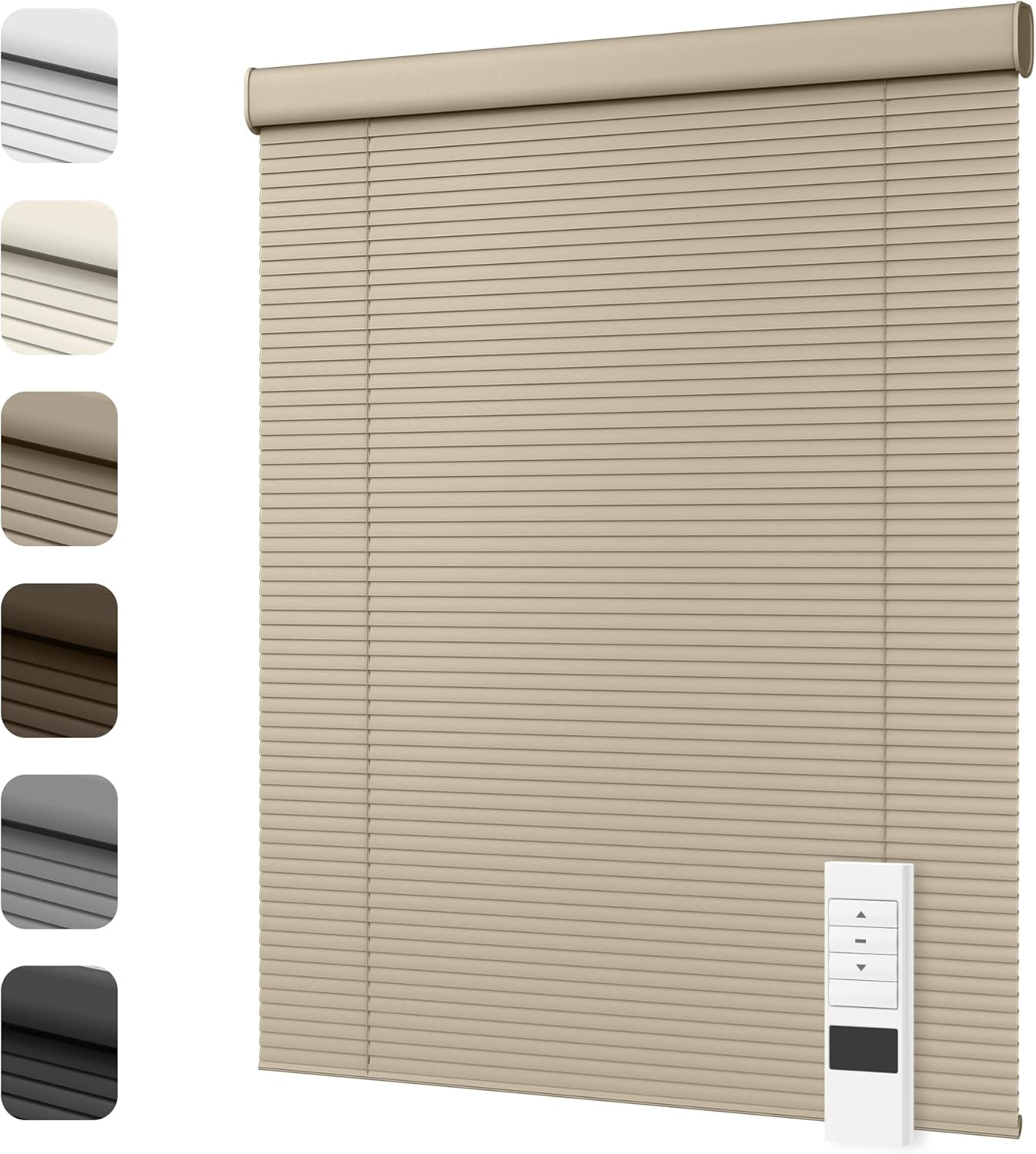 Motorized Cordless Aluminum Blinds with Remote, Automatic Room Darkening Horizontal Blinds for Indoor Windows, Light Adjustment Waterproof Blinds, Customized for Home, Office, Khaki