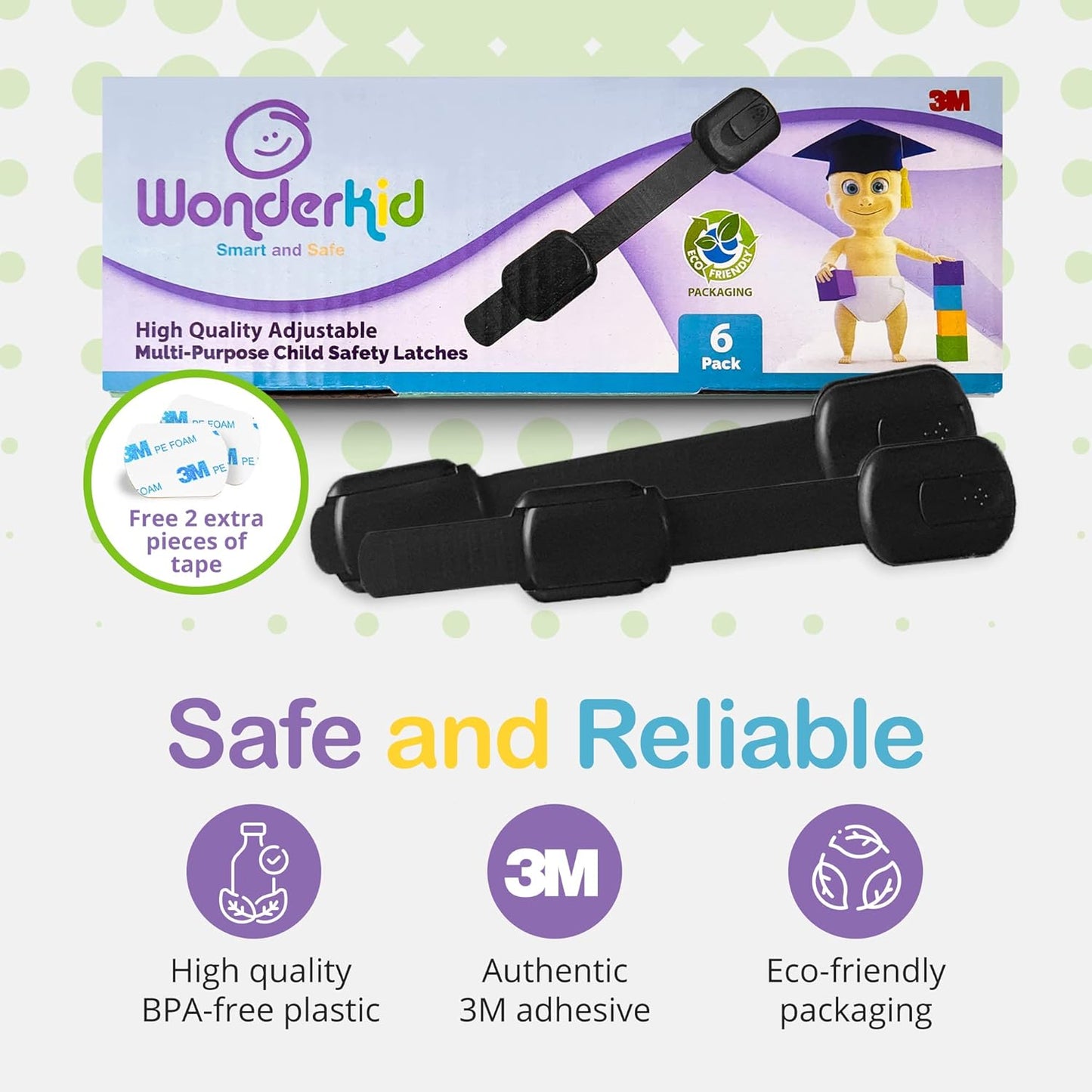 Adjustable & Reusable Child Safety Cabinet Locks & Latches, Baby Proofing Door Window, Cabinet, Toilet, & Refrigerator Lock, Child Safety Strap Locks with Adhesive Pads, Pack of 6, Black - Wonderkid