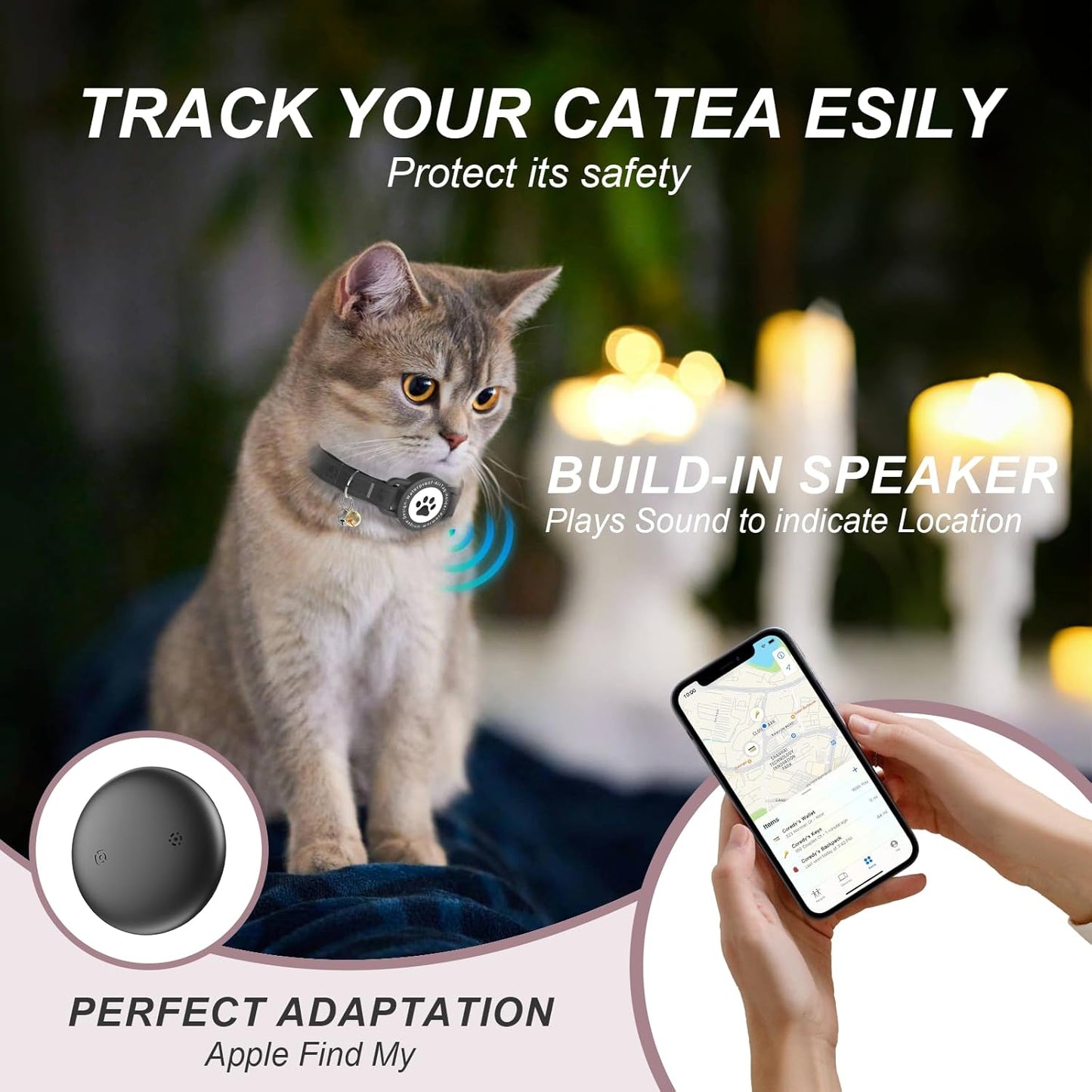 GPS Tracker for Cats, Waterproof GPS Cat Trackers Cats Collar with Bells, No Subscription, GPS Cat Collar, Adapt with Apple Find My (iOS Only) Finder Tag for items Pets Christmas Gift (BLACK)