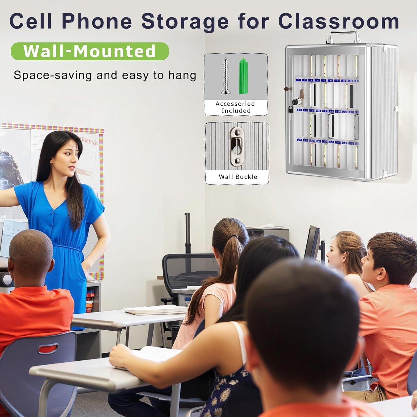 Loghot Aluminum Alloy Pocket Chart Cell Phones Storage Cabinet for Cell Phones, Wall-Mounted Cell Phone Locker Phone Holder with Lock for Classroom, Office, Can be Carried by Hand (48 Slots)