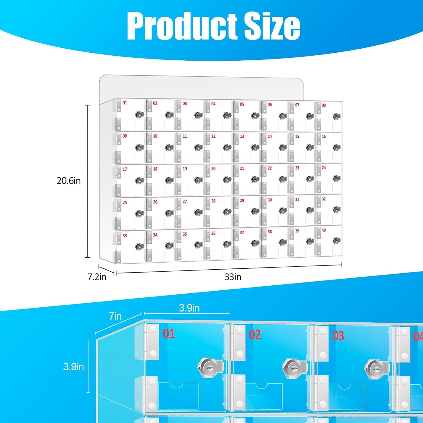 40 Slots Clear Acrylic Cell Phone Locker Box Wall-Mounted with Keys, Lockable Secure Storage Cabinet for Classroom Office Gym, Multi-Use Phone Lock Organizer for Employees Students (Large)