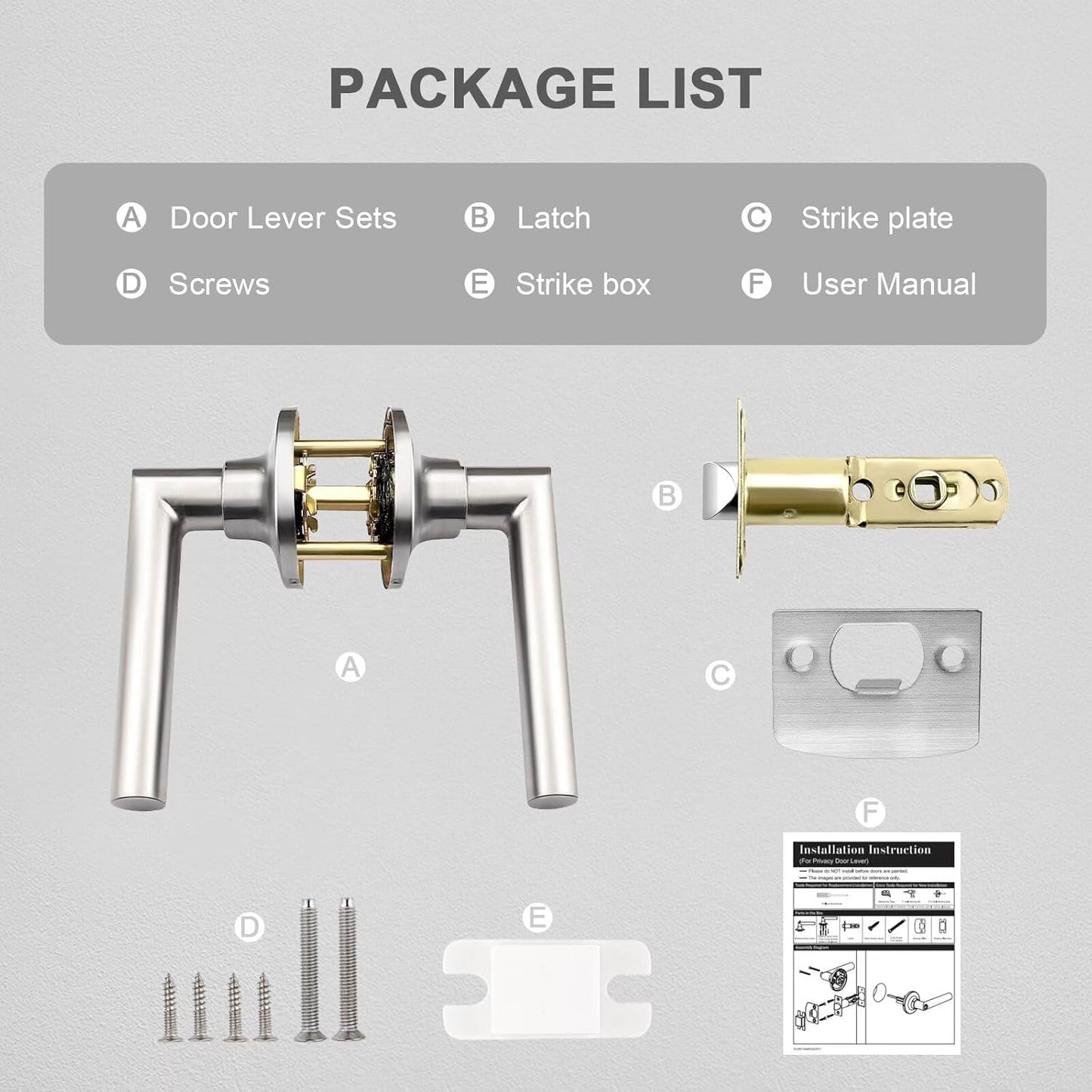 GOBEKOR 3 Pack Brushed Nickel Door Handles Interior,Heavy Duty Passage Door Handles Interior Door Levers for Hallway and Closet, Modern Sleek Round Door Locks Satain Nickel