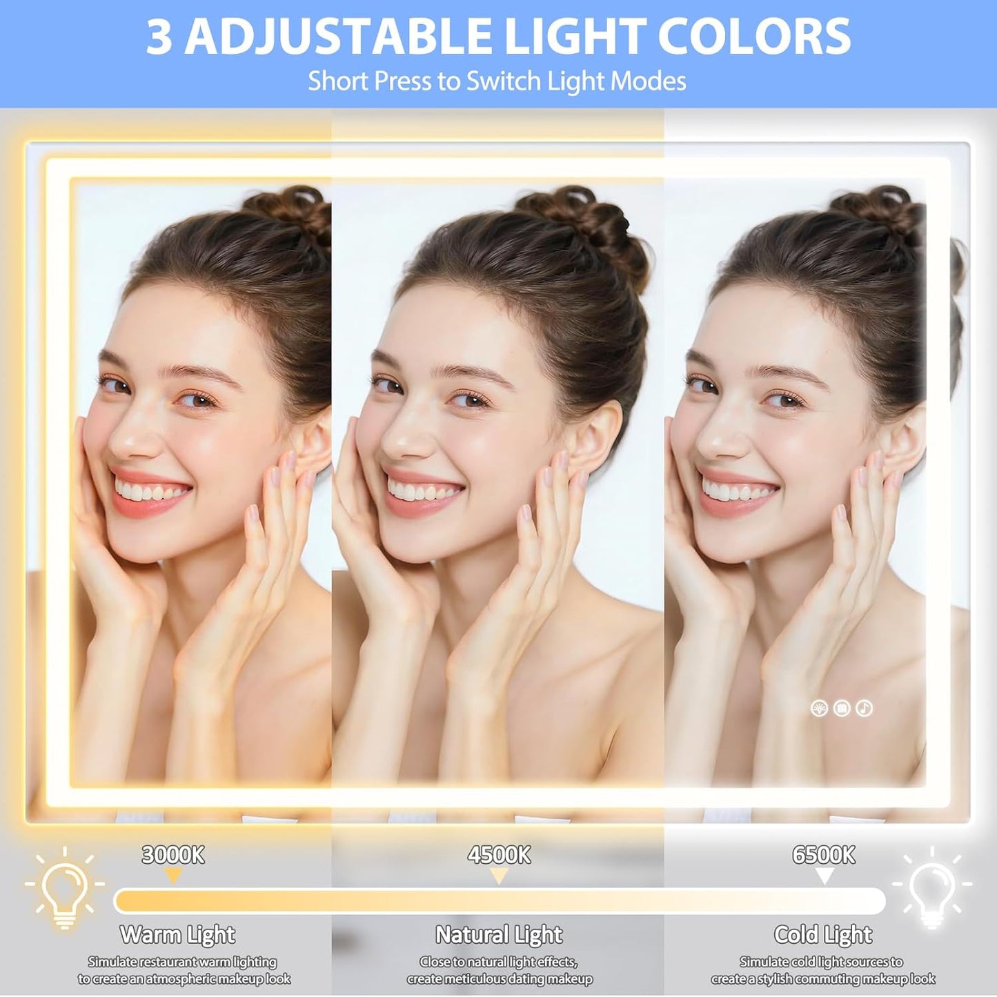 24" Round LED Bathroom Mirror with Anti-Fog & Touch Switch - 60x60cm Wall-Mounted Makeup Vanity Mirror, No Drilling Required, Smart Display (Square)