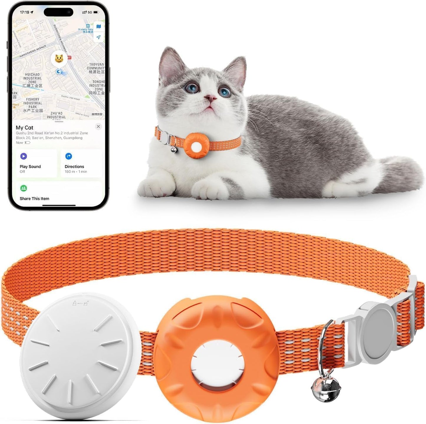 Cat Tracker,Pet Tracker for Cats Compatible with Apple Find My App(Only iOS),Waterproof Tracker Cat Collar with Safety Elastic Buckle,No Monthly Fee,Works with Any Collar (Orange)