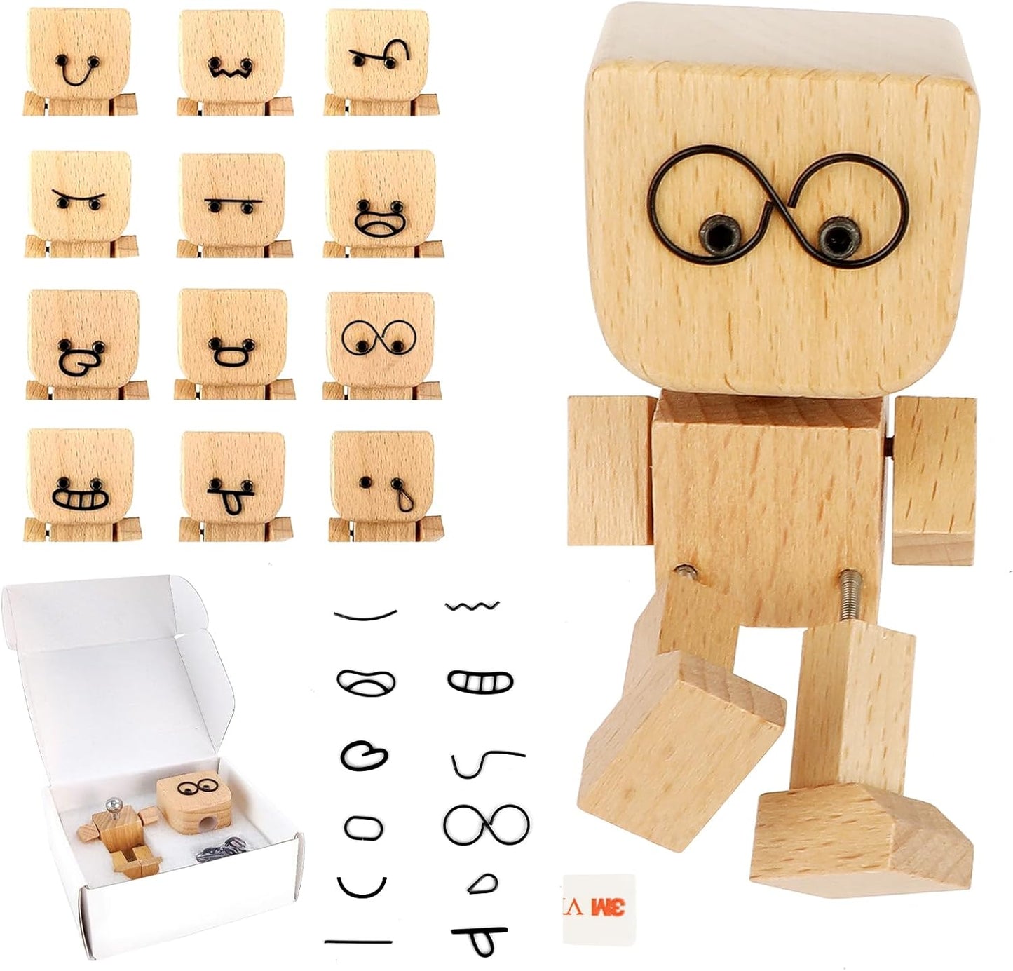 Shaking Wooden Man Figurine for Car Dashboard, Handmade Shaking Feet Wooden Man with 12PCS Magnetic Expressions, Creative Wood Desktop Decor Gifts