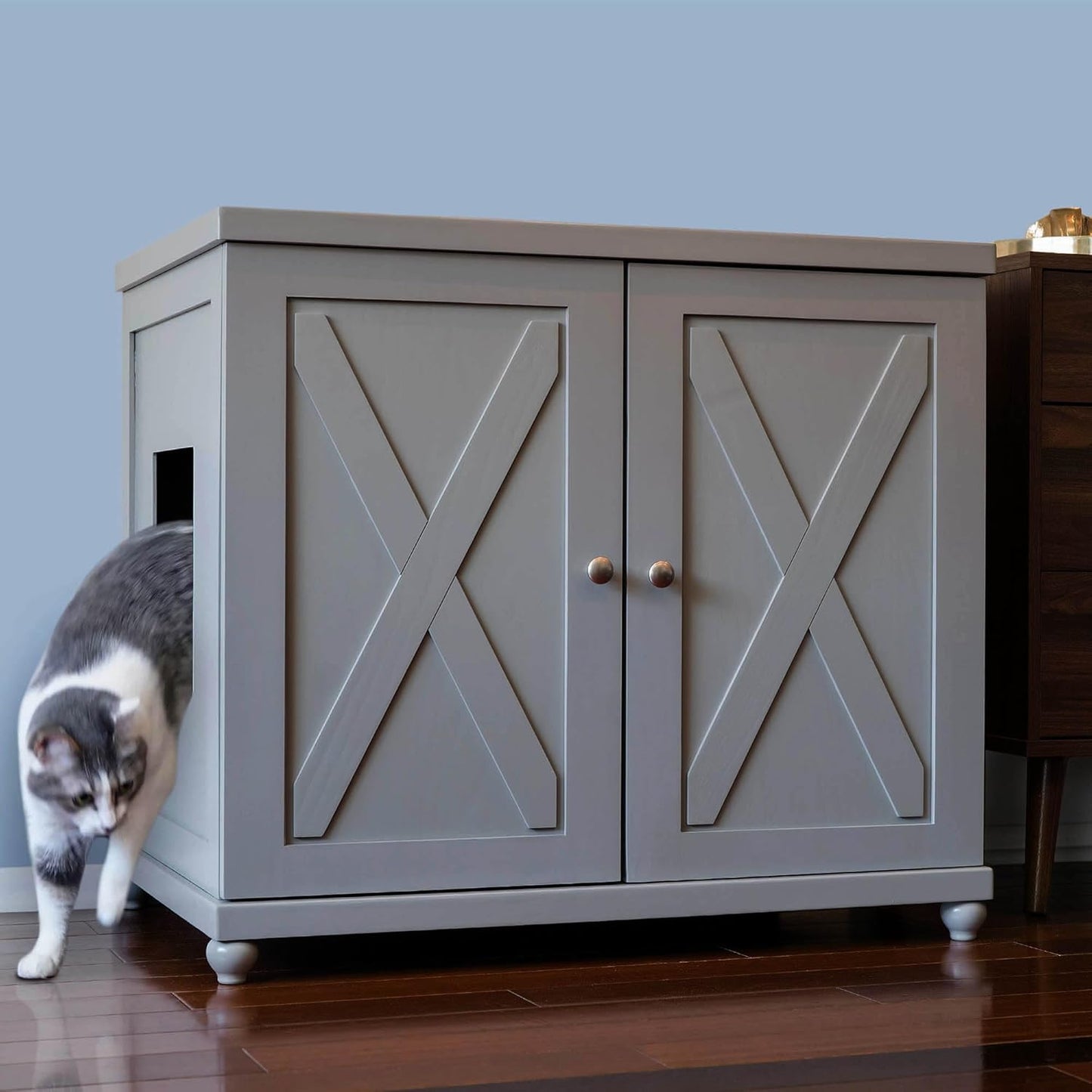 THE REFINED FELINE Cat Litter Box Enclosure Cabinet, Farmhouse, Smoke Gray, Tulip Feet, XLarge, Hidden Litter Cat Furniture with Drawer