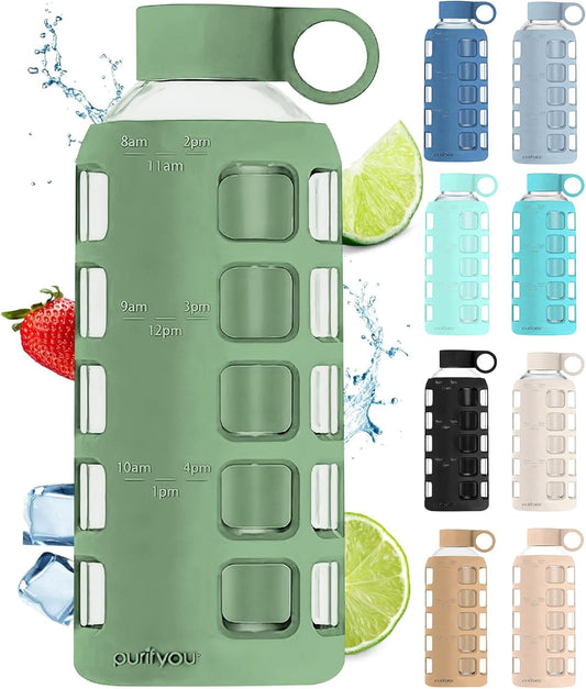 purifyou 40oz / 32oz / 22oz / 12oz Borosilicate Glass Water Bottle with Time & Volume Markers, Silicone Sleeve, Stainless Steel Lid | Reusable Glass Bottle for Water & Juice (22oz Shale Green)