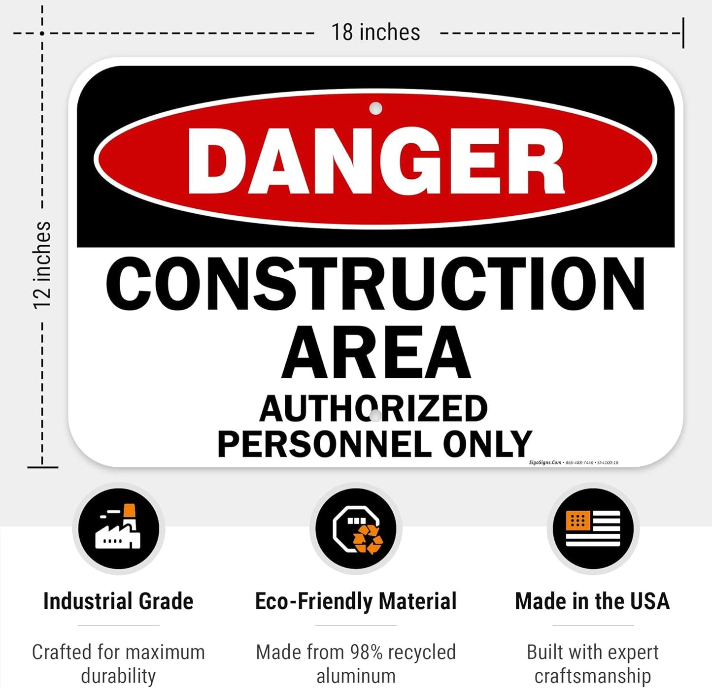 Danger Construction Area Sign, Authorized Personnel Only Sign, 12x18 Inches, 55 mil Thick HDPE (high Density polyethylene), Made in USA