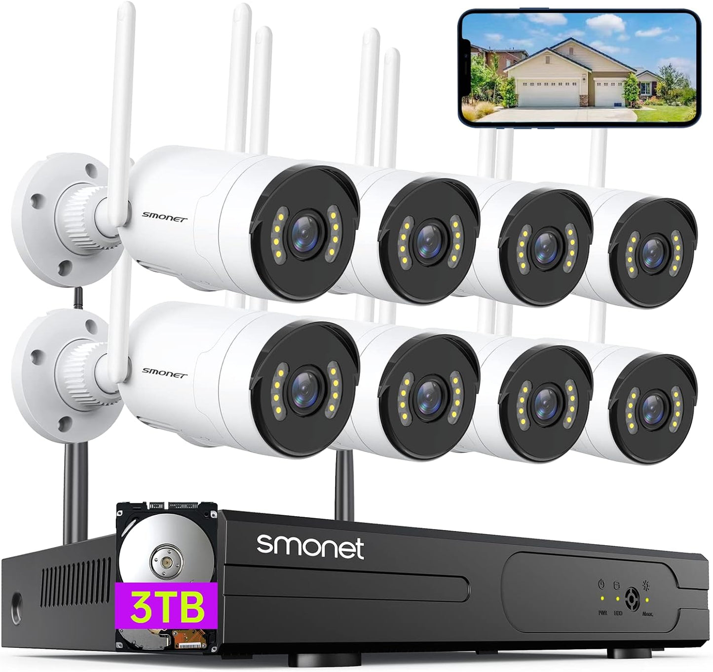 【5MP HD, Audio】 Wireless Security Camera System, 3TB Hard Drive, SMONET 8CH Complete Home CCTV Surveillance NVR Kits, 8Pcs Outdoor Indoor IP Cameras Night Vision, IP66 Waterproof, Free Phone APP