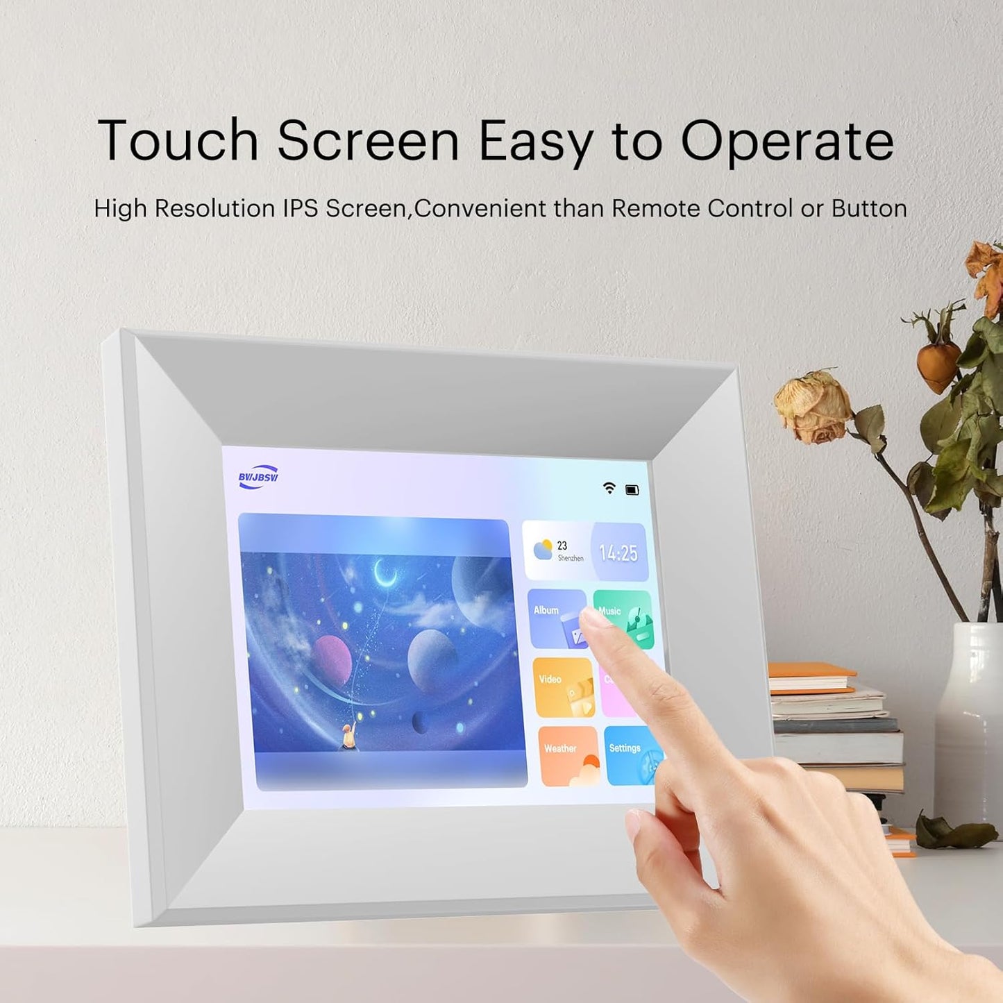 8-Inch Digital Picture Frame with WiFi, Wood Finish Frame Smart Photo Frame HD IPS Touch Screen with 16GB Storage – Easy Photo & Video Sharing from Anywhere – Ideal Gift for Family, White