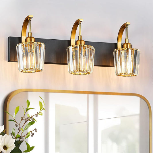 Modern Bathroom Vanity Light, 3-Light Black Gold Wall Sconce with Crystal Accents, Over Mirror Bathroom Lighting Fixture, 23.62" Long Dimmable Vanity Lamp for Makeup, Easy Installation