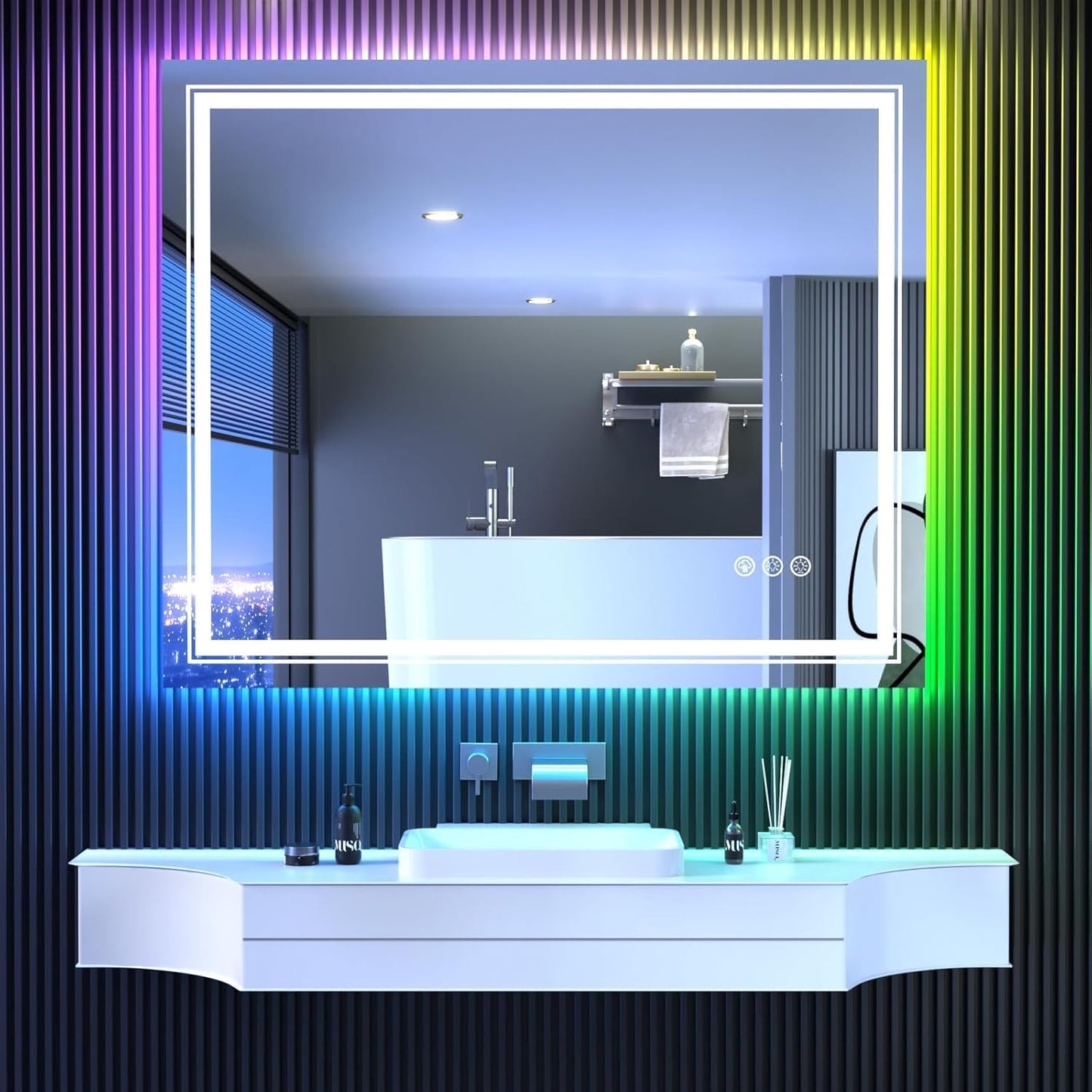 LED Mirror for Bathroom, 48"X40" with 8 RGB Backlit +3 Front Lit (Adjustable Individually), Anti-Fog, Large Lighted Bathroom Vanity Mirror for Wall,Shatterproof,Memory Function,Tempered Glass