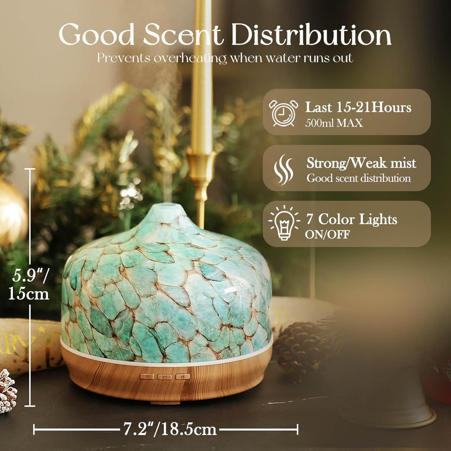 Porseme 500ml Glass Essential Oil Diffuser Aromatherapy Ultrasonic Cool Mist Humidifier 15-21 Running Hours Waterless Auto-Off Air Diffusers for Sleeping Yoga Office Working Spa and Rest (Light Blue)