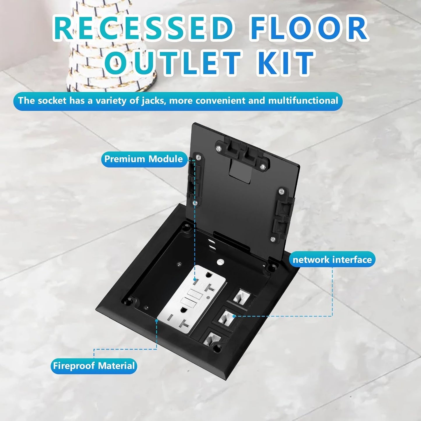 KYHSHJ Recessed Flat Hidden Socket Kit with 2 * 20 Amp Stainless Steel GFCI Tamper Receptacle Outlet+3-Port RJ45 Datacom Receptacle. Internal Height Adjustable，Corrosive Resistant Hardware，Black