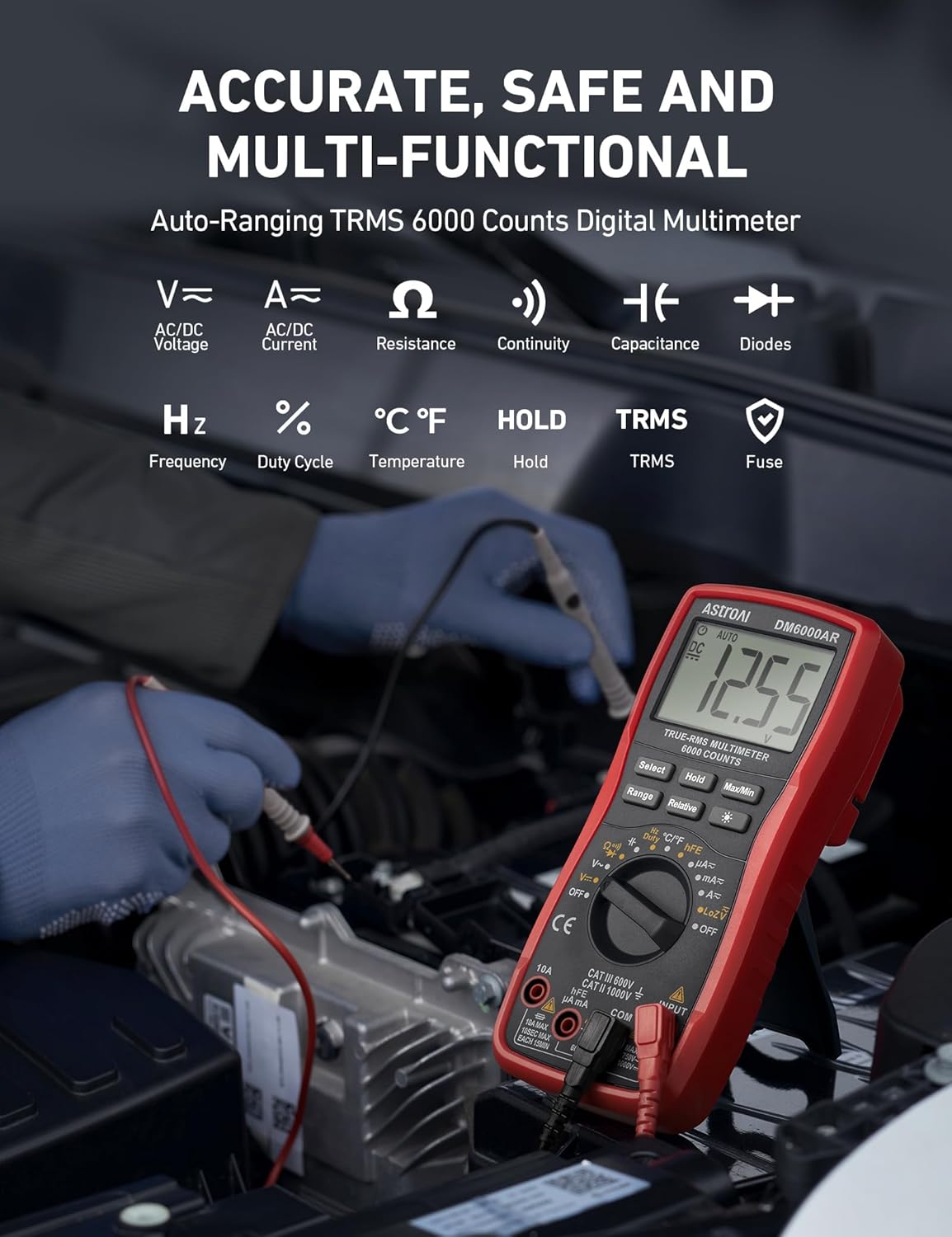 AstroAI Digital Multimeter TRMS 6000 Counts Volt Meter Ohmmeter Auto-Ranging Tester; Accurately Measures Voltage Current Resistance Diodes Continuity Duty-Cycle Capacitance Temperature, Black