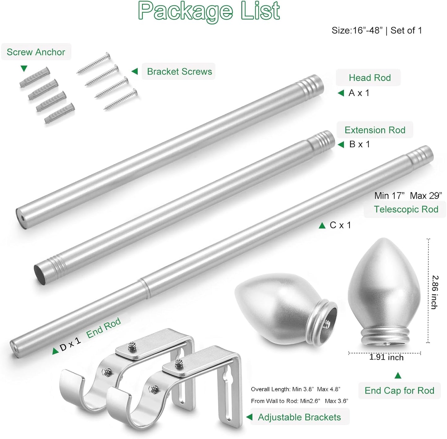 Curtain Rods for Windows 16 to 48 inches, Curtain Rod Max Adjustable Length to 60 in, Drapery Rod 1 inch Diameter with Modern Knobs Finials (Satin Silver, 16" to 48" - Set of 1)
