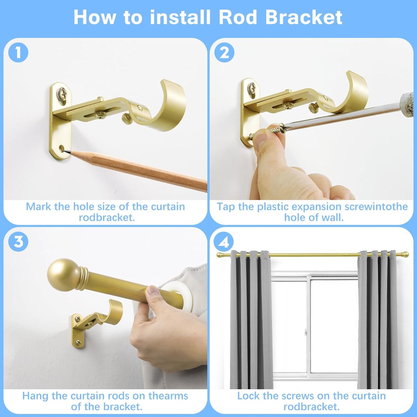 Curtain Rods for Windows 16 to 92 Inches, Curtain Rod Max Adjustable Length of 104 IN, 6/8" Diameter Drapery Rods Round Finials, Warm Gold, Pack of 2