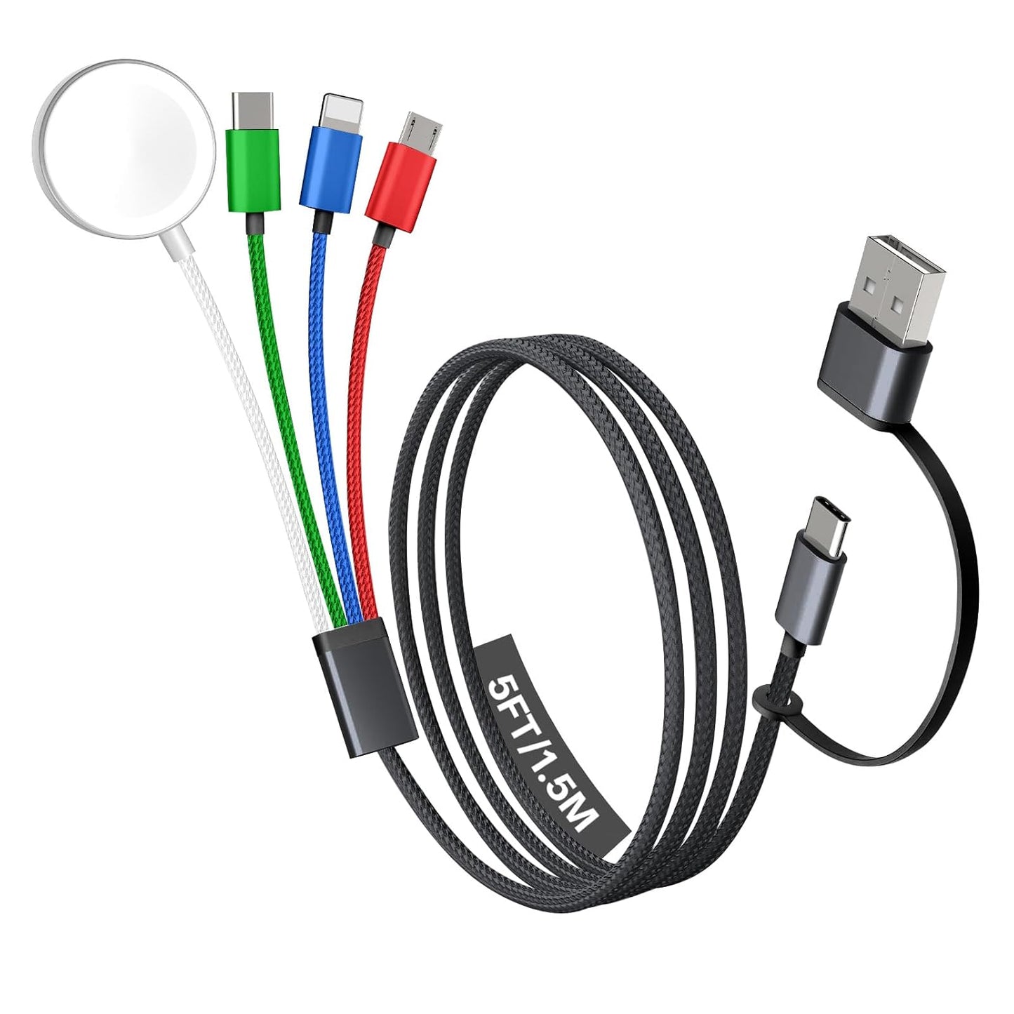 Travel Essentials, 4 in 2 Multi Charging Cable for Apple Watch Charger/iPhone Charger,USB C Cable Cord for iPhone 17-11/iWatch Ultra/10-2/Galaxy S25-S20, Android Phones, MP3-MultiColor,5FT
