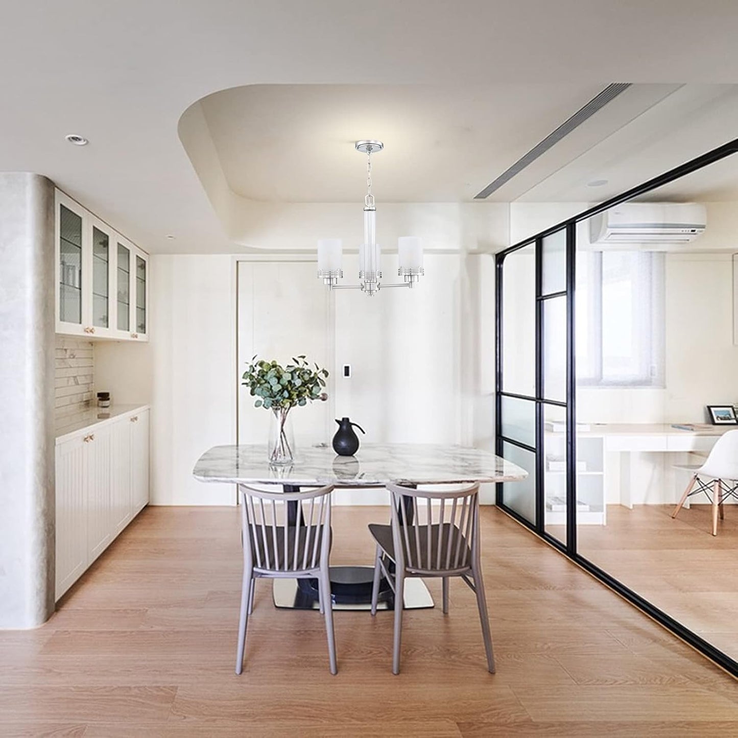 Doraimi Lighting 3 Light Fashion Kitchen Island Frosted Glass Shade+Hollow Metal Shade Chandelier Light Fixture,Brushed Nickel Finish Dining Room Living Room Corridor Bedroom