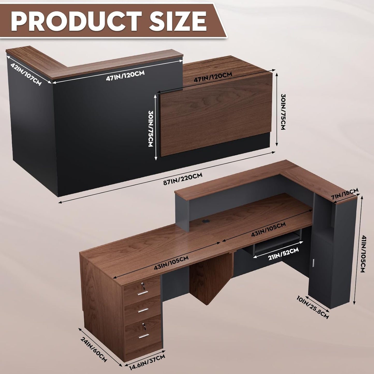 L-Shaped Modern Reception Desk with Counter & Storage - 84" Large Office Front Desk, Salon Checkout Counter with Lockable Cabinets, Shelves (Brown & Black, Left - 84''L x 34''W x 41''H)