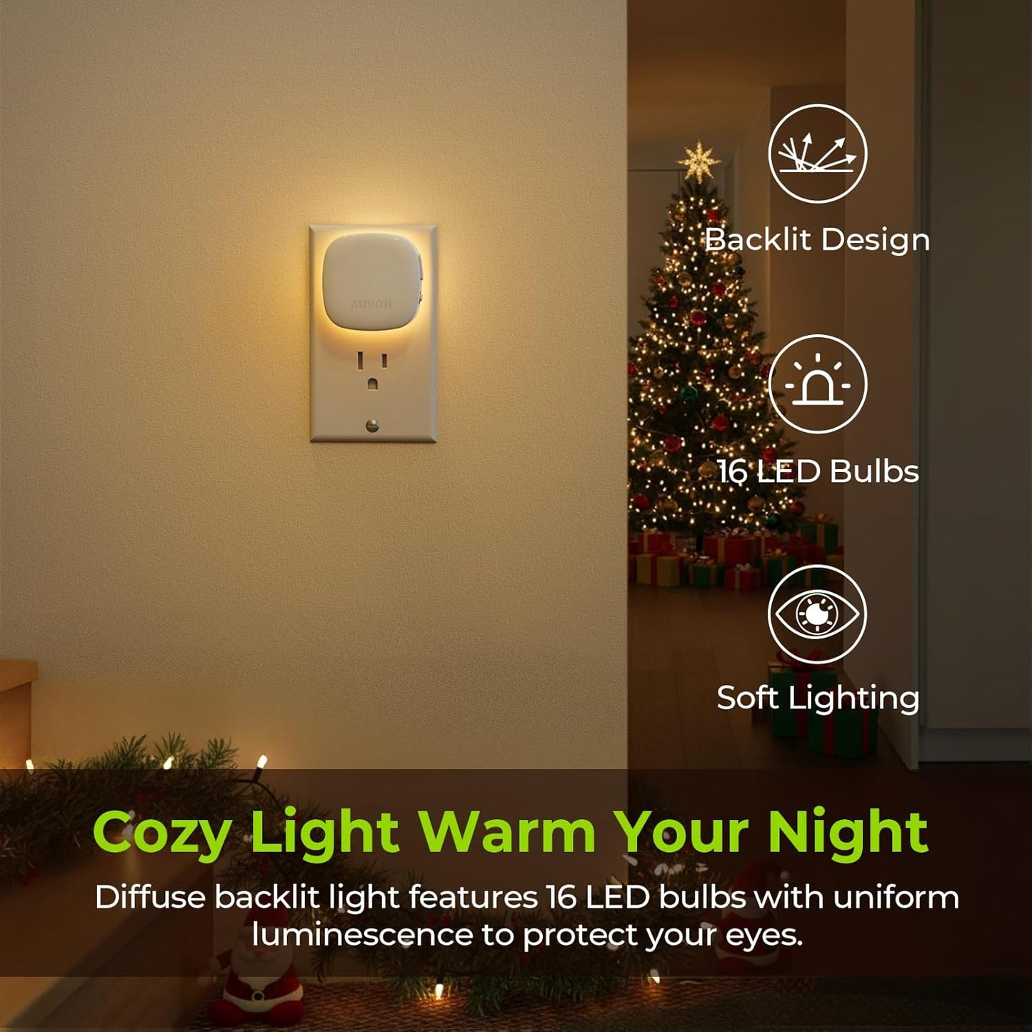AUVON Plug-in LED Backlit Night Light with Motion Sensor & Dusk to Dawn Sensor, Dimmable Warm White Nightlight with 1-50 lm Adjustable Brightness for Bathroom, Bedroom, Hallway, Stairs (2 Pack)