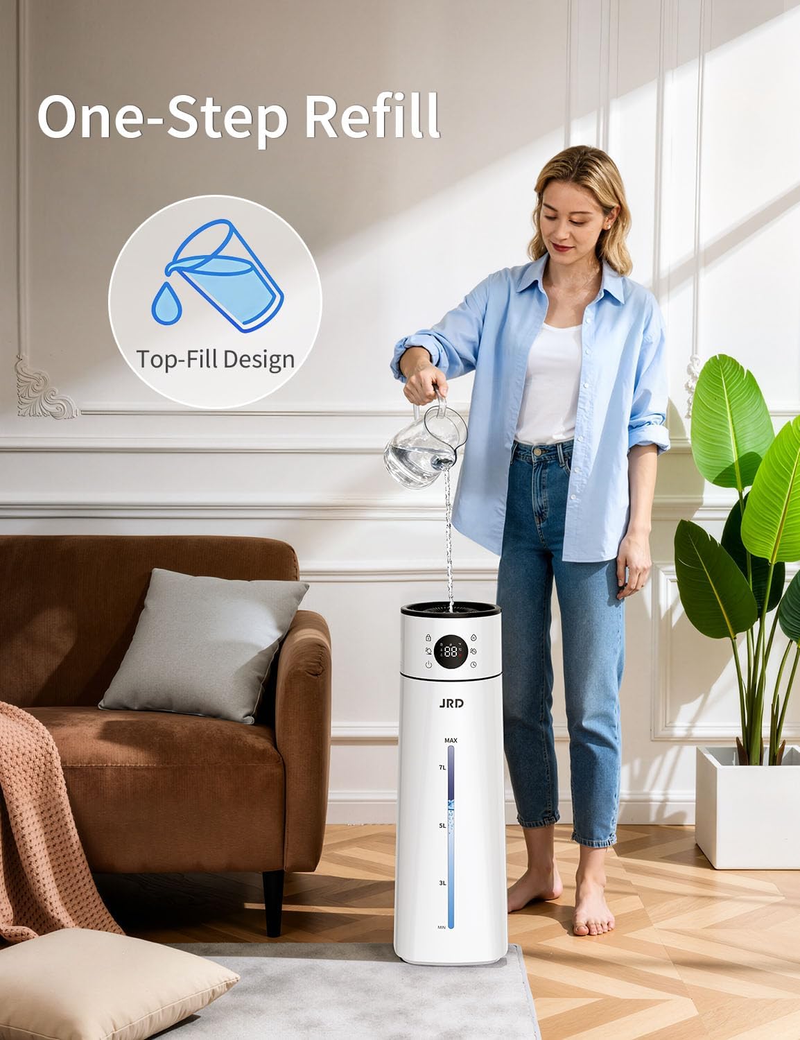 JRD 8L/ 2.1Gal Humidifier Large Room, Ultrasonic Cool Mist for Bedroom, Quiet Humidifier with Remote Control, 10 Mist Modes, 24H Timer, 40H Run, AI Mode, Night Light for Home Office Baby Pets-White