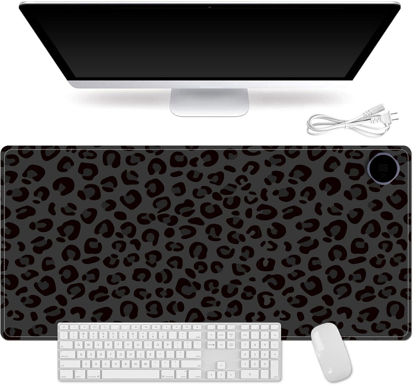 Heated Mouse Pad for Desk 31.5" x 13" – PU Leather Warm Desk Pad with 3 Heat Levels (104°F/113°F/122°F), Plug-in Electric Heating Mat with Auto Shut-Off, Waterproof & Rollable, Dark Leopard Print