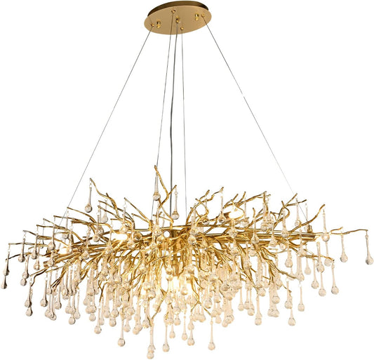 Modern Crystal Rectangular Chandelier for Dining Room, 47.24inch Gold Branch Lighting Raindrop Large Kitchen Island Hanging Light Fixture for High Ceiling Living Room Bedroom Foyer