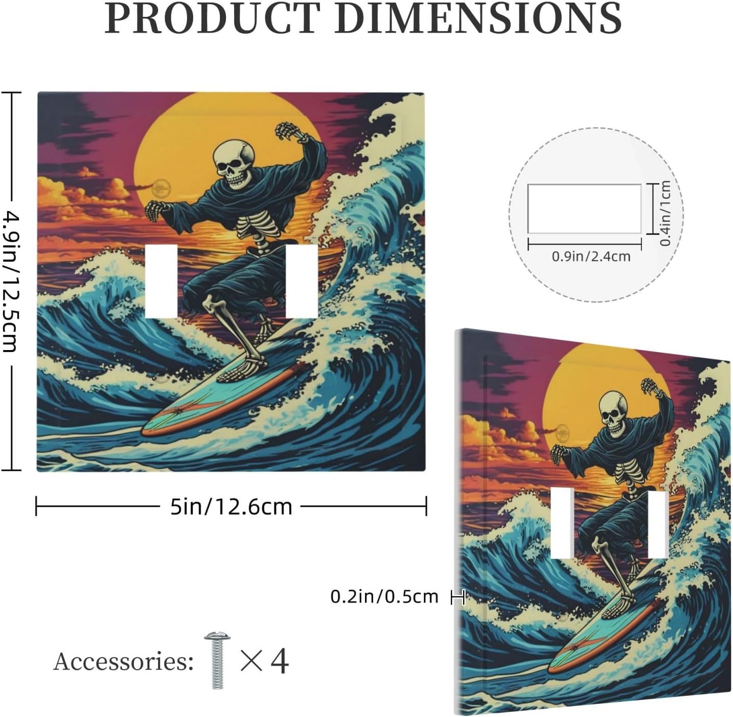 Skeleton Riding Surfboard on Wave In The Ocean Light Switch Covers Double Toggle 2 Gang Wall Plate Dual Decorative Switchplate Electrical Faceplate for Farmhouse Living Room Decor