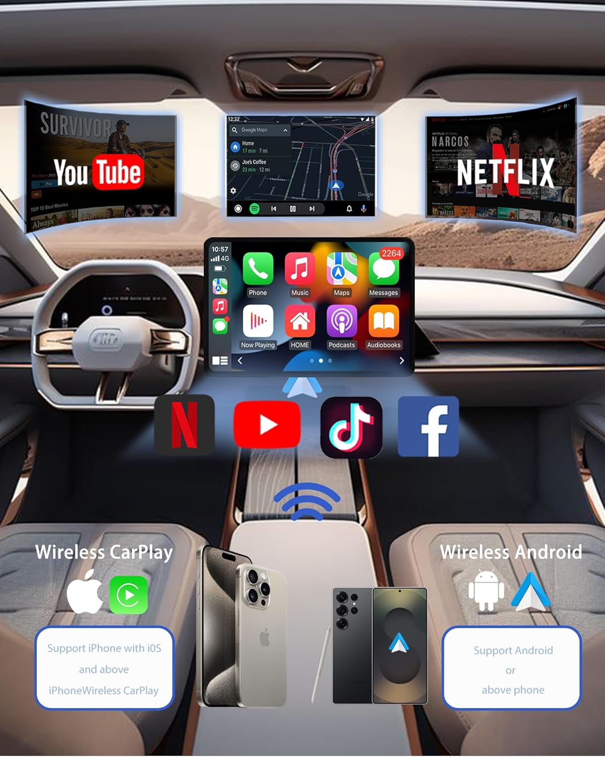 Wireless CarPlay Adapter AI Box for iPhone & Android Auto – YouTube & Netflix Support, TF Card Offline Playback, Plug and Play, Wired to Wireless Conversion, Stable 5.8GHz WiFi & Bluetooth 5.3