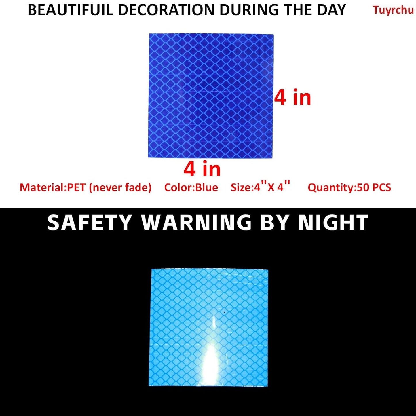 Non Fading Blue Reflective Stickers 4 inch X 4 inch, Outdoor Waterproof High Visibility Warning Safety Adhesive Reflector Tape (50 Pcs)