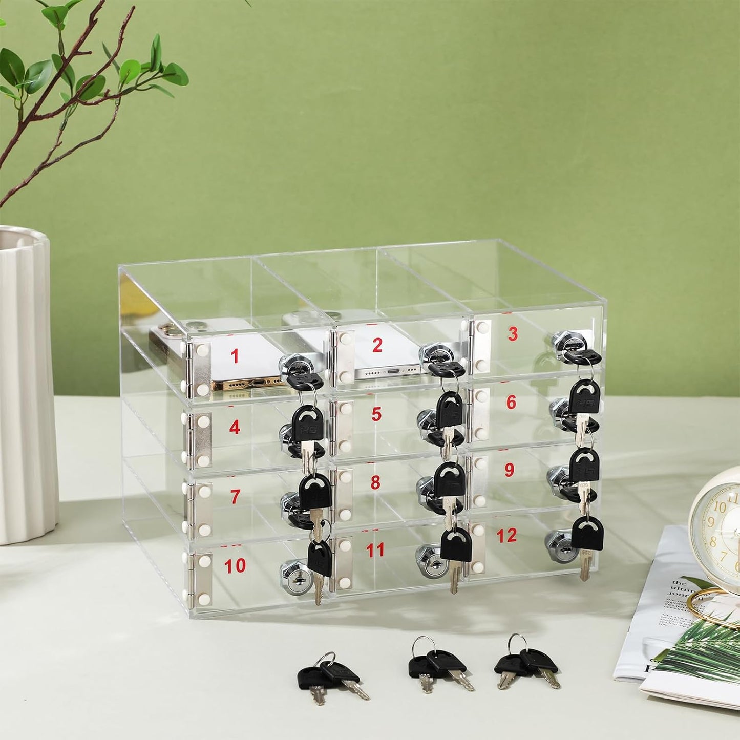 Layhit 12 Slots Cell Phone Locker Box for Classroom Clear Acrylic Cell Phone Storage Cabinet Bin with Door Locks for Classroom School Students Office Factory Employees