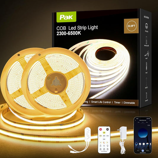 COB LED Strip Lights 32.8ft, Dimmable White CCT Tunable 2300K-6500K, DC 24V High Lumen Cuttable LED Tape Light, 6080 LED 48W CRI 90, APP Remote Control, Music Mode, For Home DIY, Living Room, Bedroom