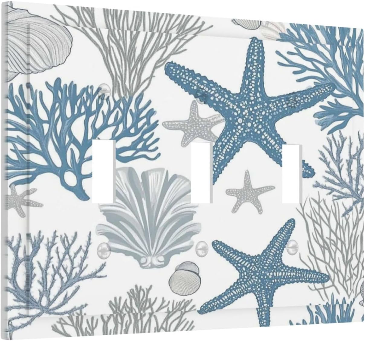 Blue Starfish Nautical Beach Conch Coastal Coral Shell Decorative Switch Plates 3 Gang Wall Plate Triple Toggle Light Switch Cover Faceplate Electrical Wall Panels For Kids Room Bathroom Decor