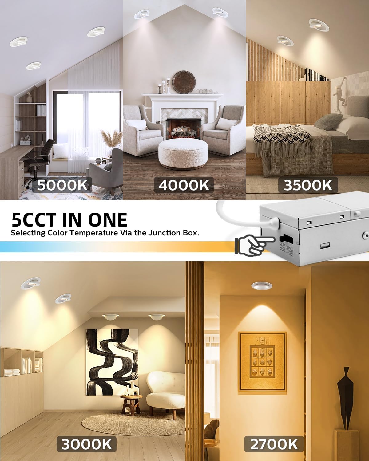 Adetu 4 inch Gimbal Led Recessed Lights, 360°+90° Adjustable Directional Recessed Lighting, 2700K/3000K/3500K/4000K/5000K Dimmable Retrofit Eyeball Can Lights with Jbox,ETL(White,12 Pack)