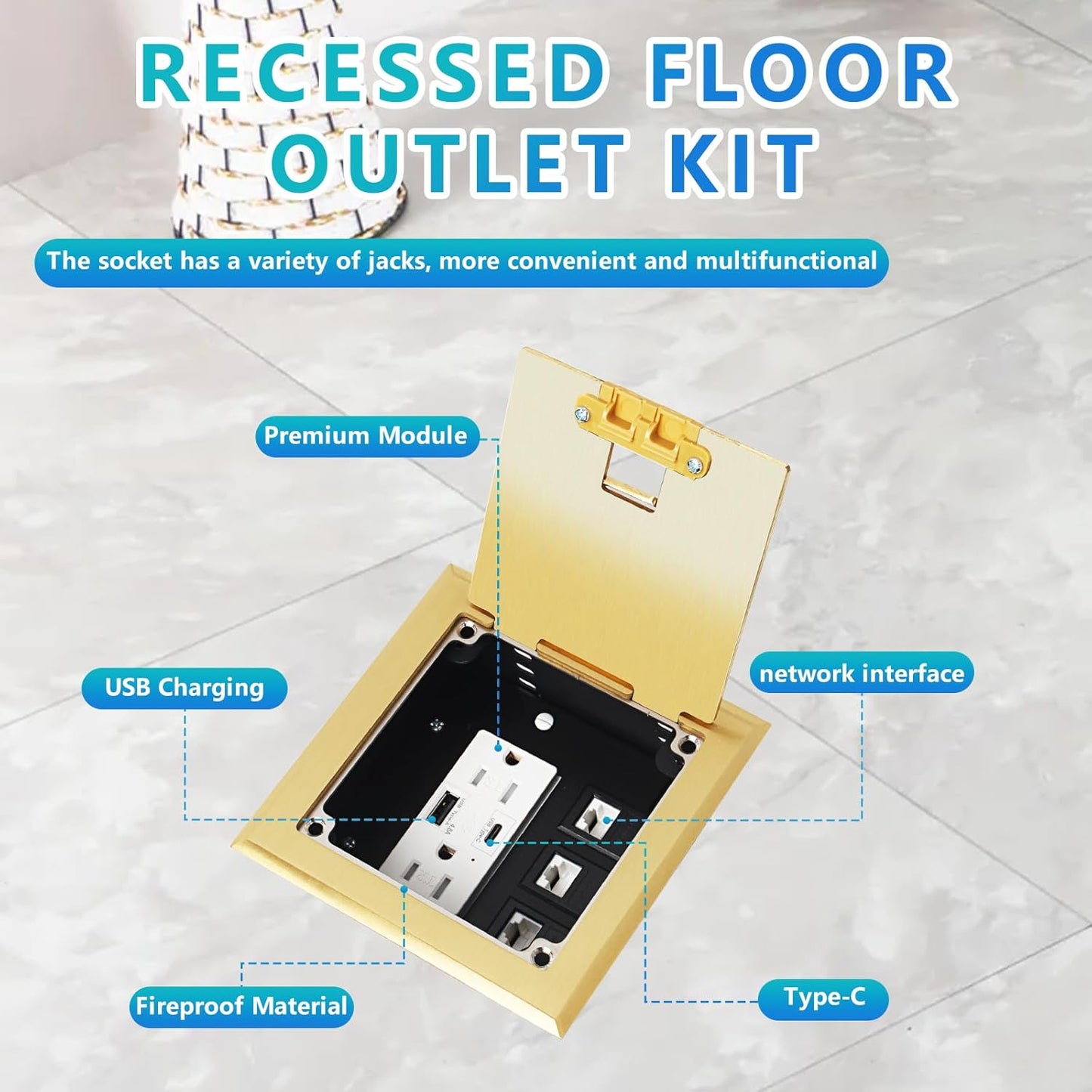 KYHSHJ Recessed Flat Hidden Socket Kit with 2 * 15A Receptacle，4.8A 1 USB-A Ports &1 USB-C Port+3-Port RJ45 Datacom Receptacle. Internal Height Adjustable，Corrosive Resistant Hardware,Brass