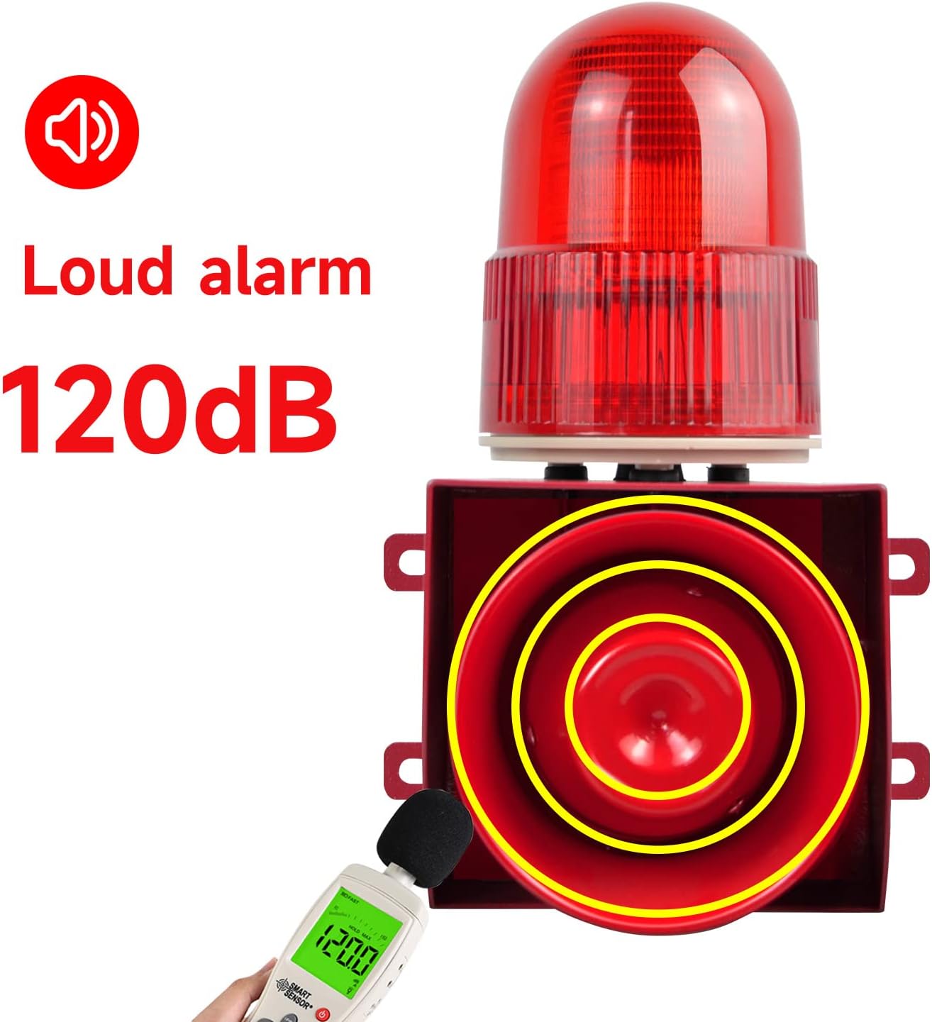 Motion Sensor Alarm 120dB Horn Adjustable Volume Tones Waterproof LED Strobe Light Sirens Motion Detector Alarm System for Home Factories, Warehouses and Docks Security AC110-120 V SLA-01W