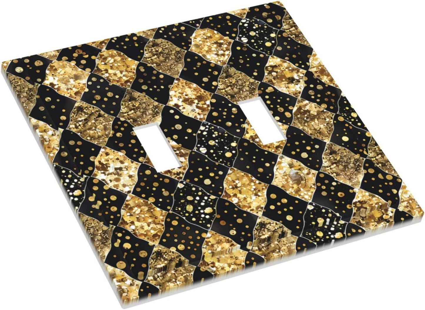 Gold Black Marble Geometric Plaid Glitter Decorative Switch Plates 2 Gang Double Toggle Outlet Light Switch Cover Wall Plate Electrical Faceplate for Bedroom Bathroom Decor