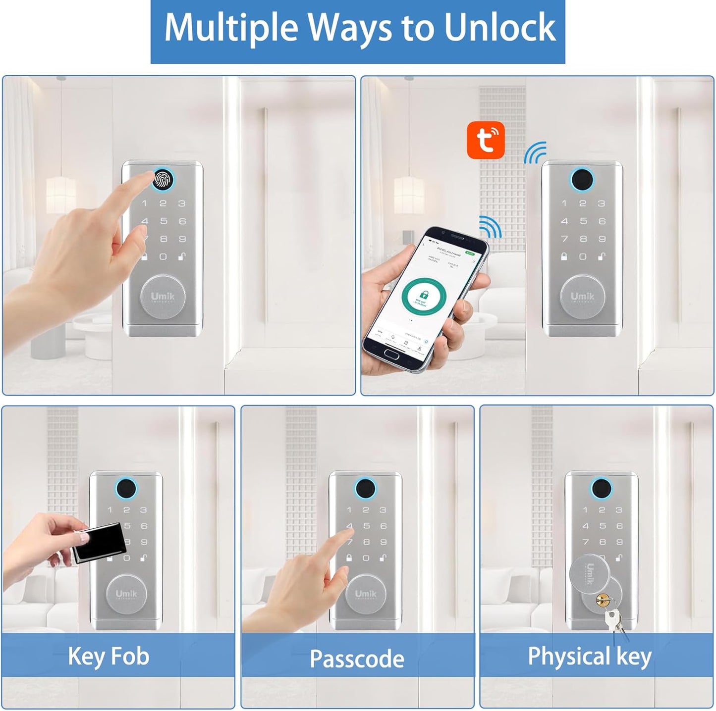 Fingerprint Door Lock with Handle Set, Keyless Entry Smart Door Lock, Electronic Keypad Deadbolt Locks, App Control for Front Door, Home (Matte Silver in Zinc)