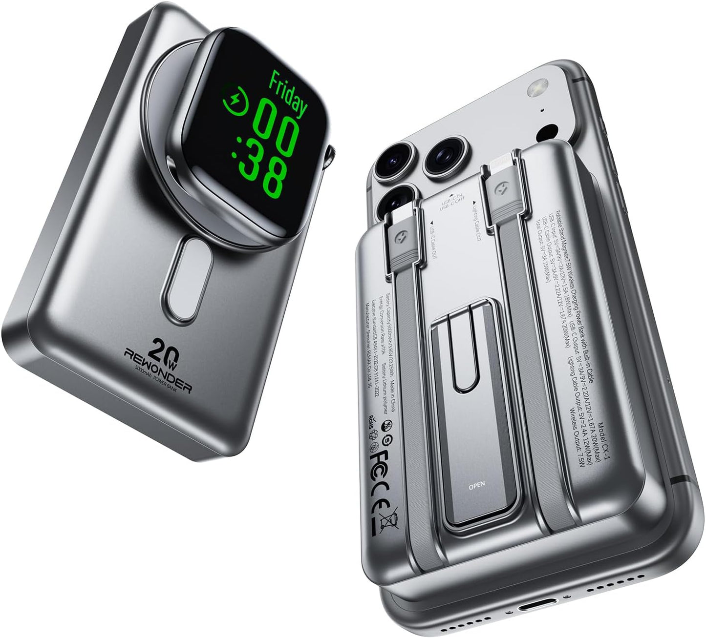 REWONDER Magnetic Portable Charger, 10000mAh PD 20W Portable Charger Power Bank with Built-in 2 Cables, Travel Essential Magsafe Battery Pack for iPhone 17/16/15/14/13/12 & Apple Watch Ultra/11/10/9