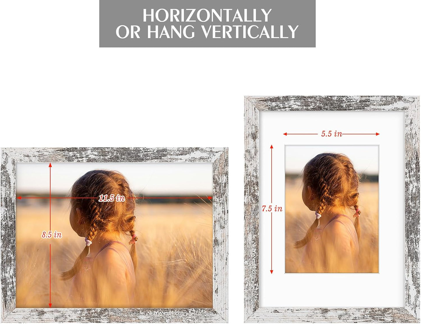Golden State Art, 9x12 Picture Frame with Mat for 6x8 - High Definition Glass Wall Mounting Horizontal Vertical Display (Weathered White, 2 Pack)