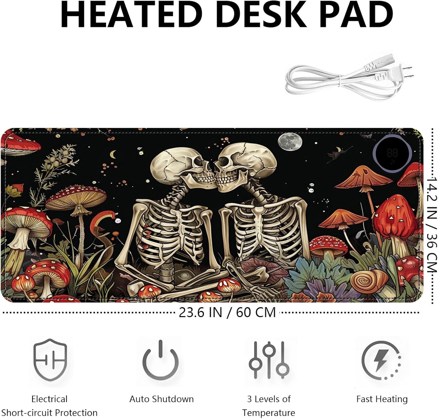 Heated Mouse Pad with 3 Levels Heated & 3 Hours Auto Shut-Off Mouse Pad for Warming Hands in Office Home, 23.6" x 14.2"Large Safe Desk Mat Hand Warmer，Kiss Skull